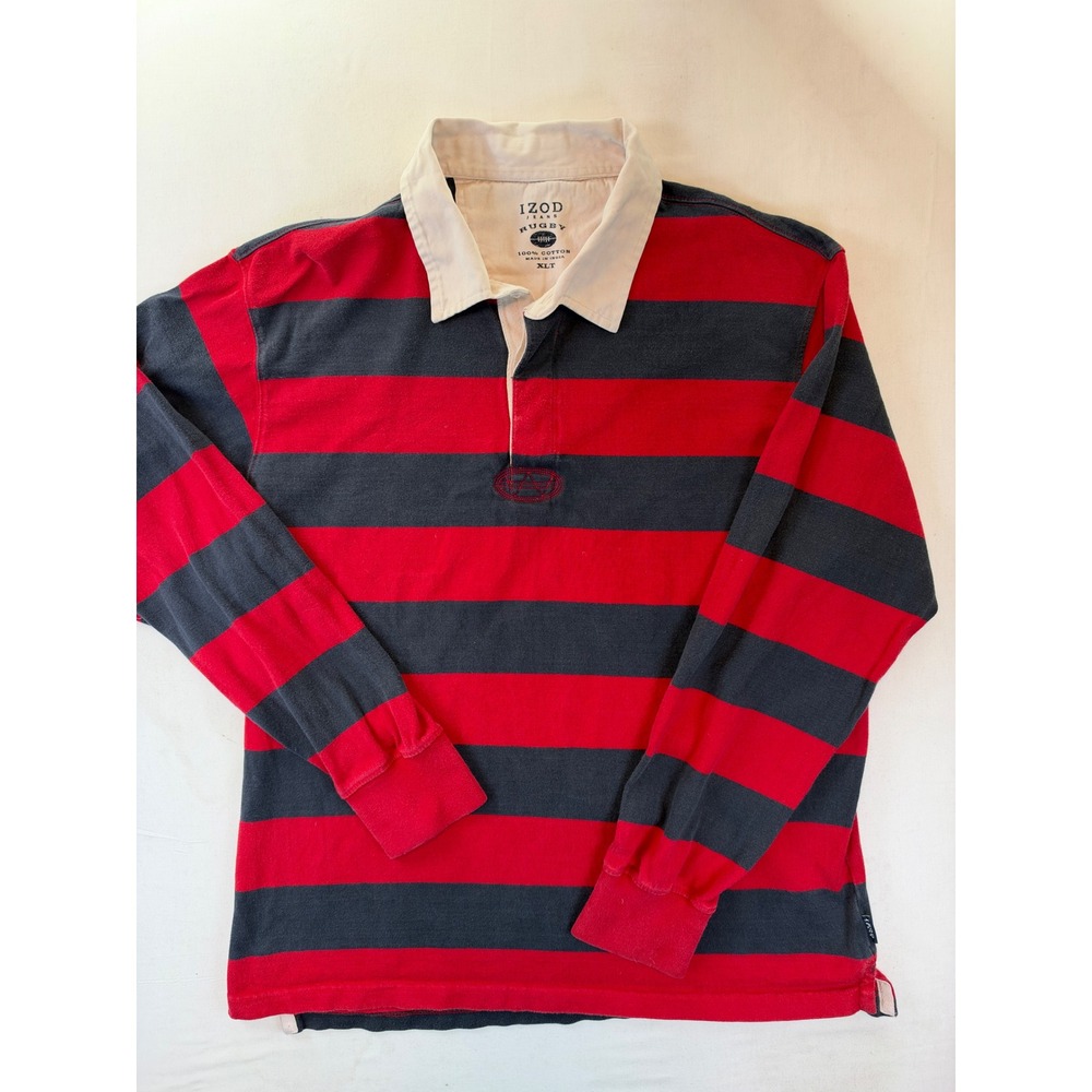Izod Jeans Rugby Shirt Mens XLT Red Navy Blue Striped Long Sleeve Cotton Tall